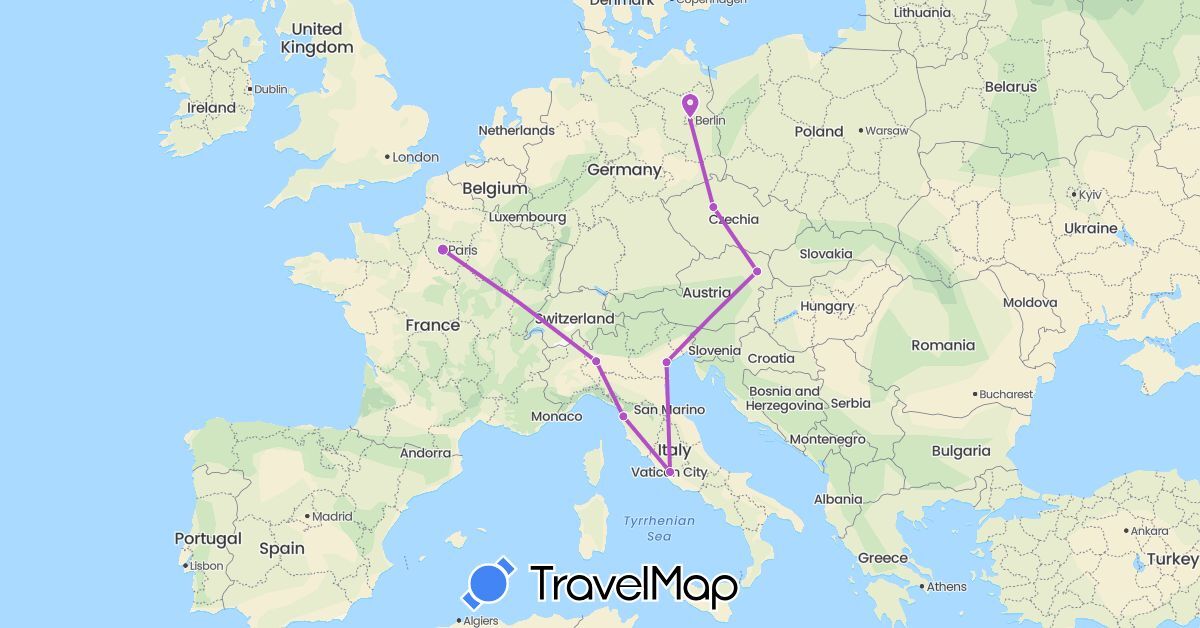 TravelMap itinerary: driving, train in Austria, Czech Republic, Germany, France, Italy (Europe)