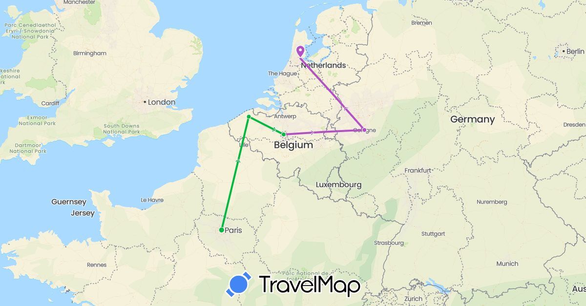 TravelMap itinerary: driving, bus, train in Belgium, Germany, France, Netherlands (Europe)
